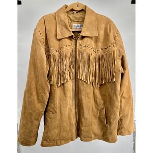 Vintage Leather Mens 2XL Tan Suede Fringe Western Cowboy Jacket Zip Up Quilted